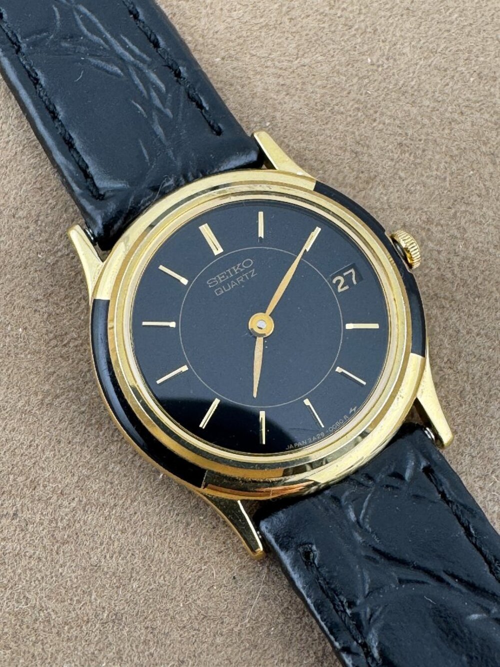 Gold and Black Enamel Bezel Seiko Watch New Black Embosied Leather Strap